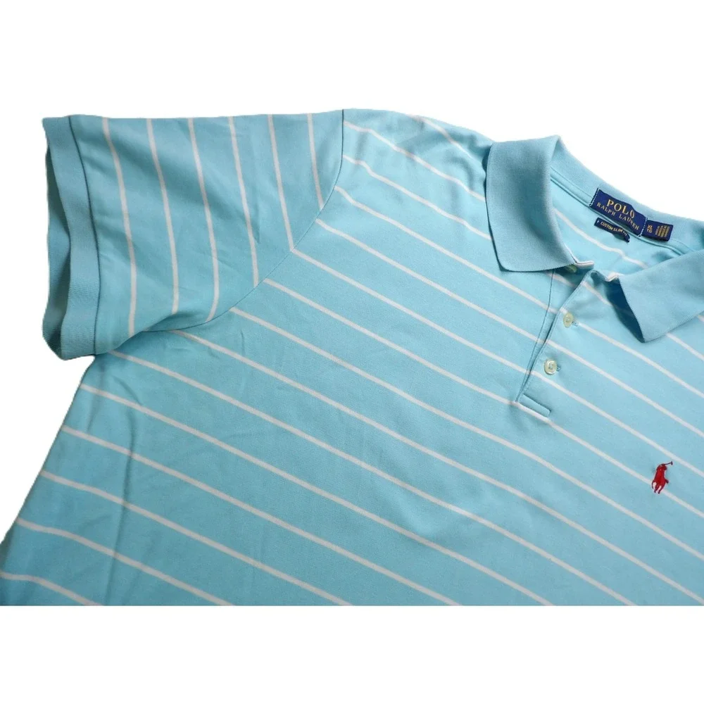 Polo Ralph Lauren Men XL Custom Slim Fit Mesh Polo Blue Striped Red Pony Cotton